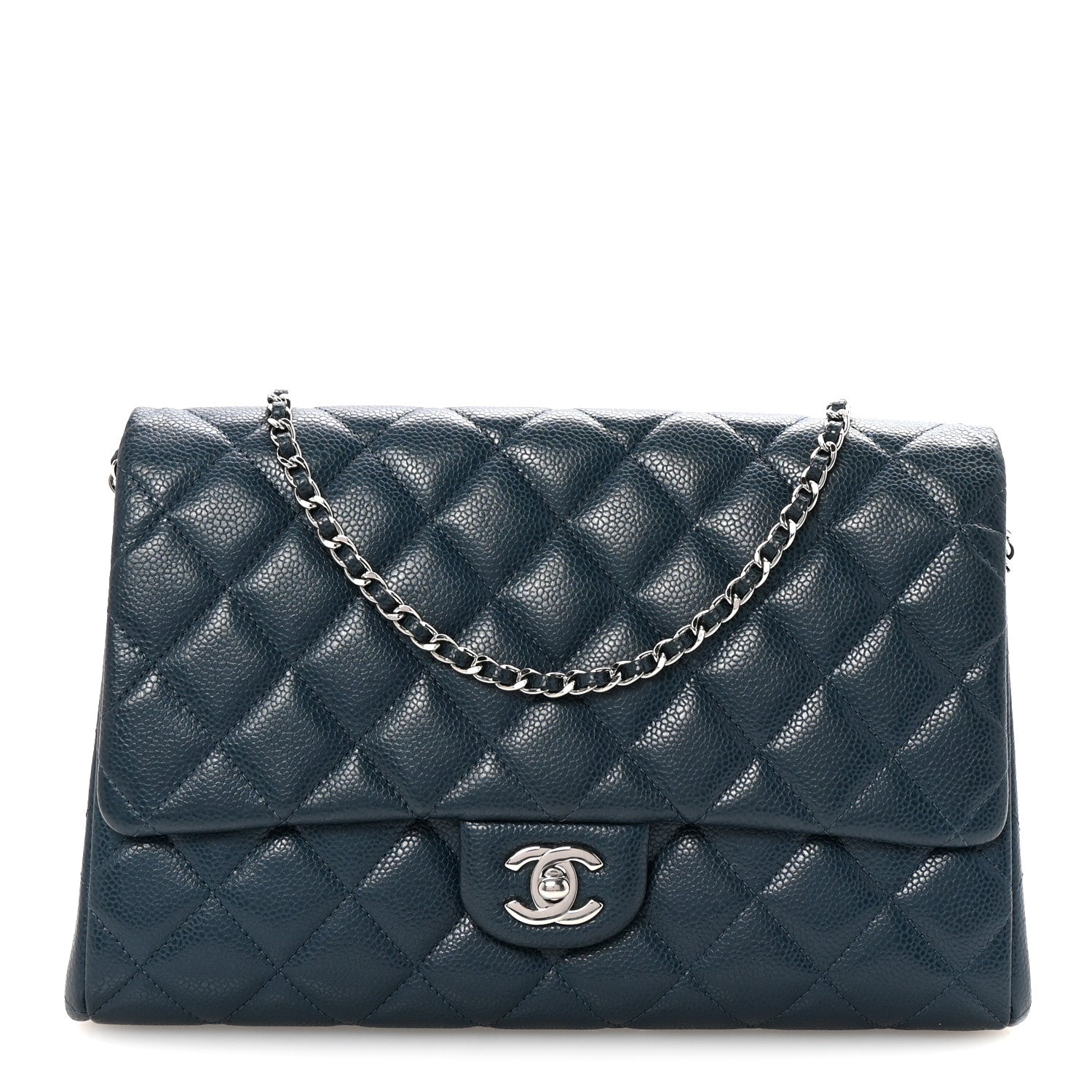 Caviar Quilted Clutch With Chain Flap  Blue