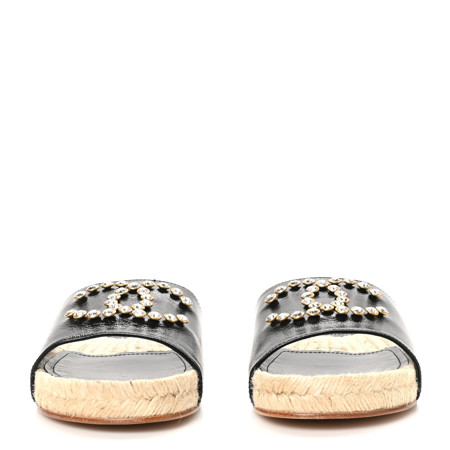 Patent Calfskin Crystal CC Espadrille Slip On Sandals 40 Black