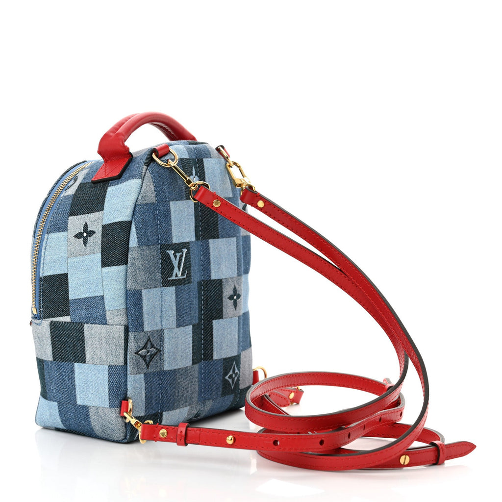 Denim Damier Monogram Patchwork Palm Springs Backpack Mini Blue Rouge