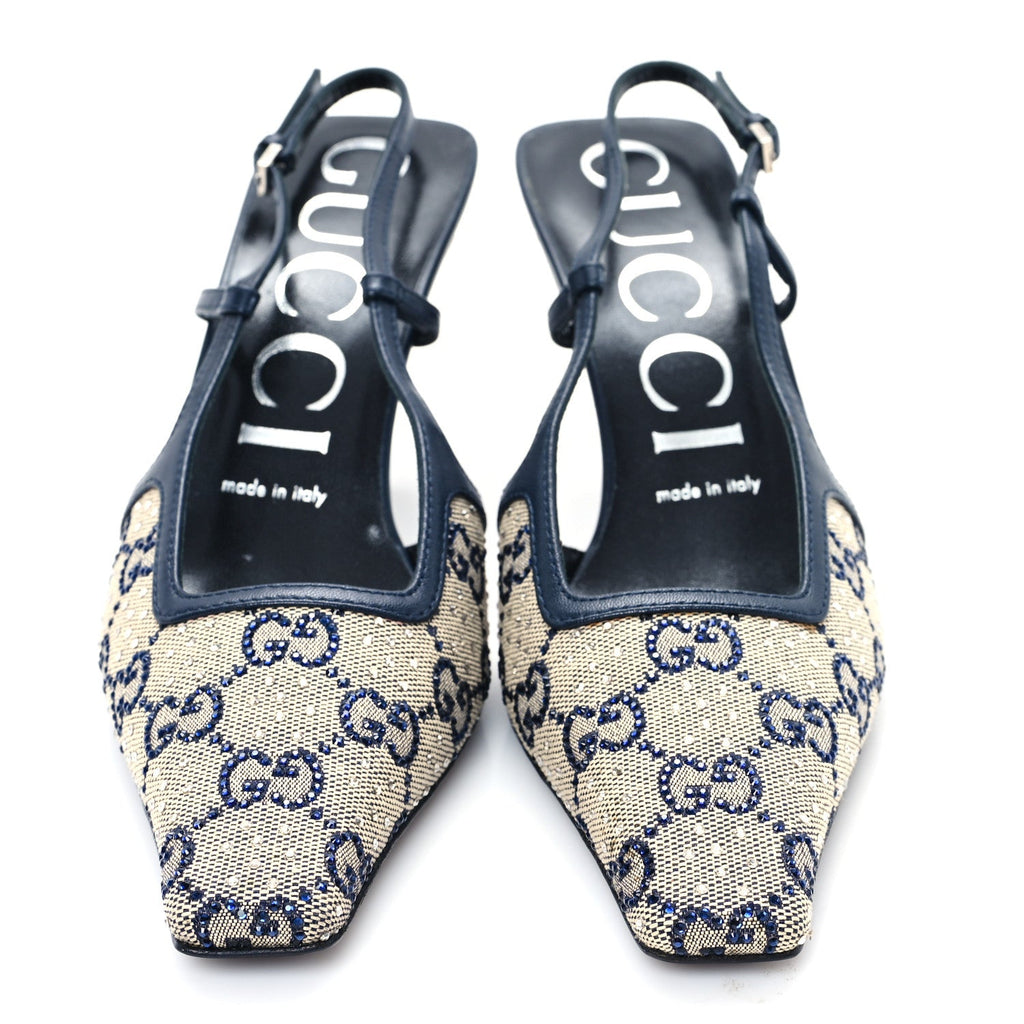 GG Monogram Malaga Kid Crystal Square G 75mm Slingback Pumps 37 Beige Blue
