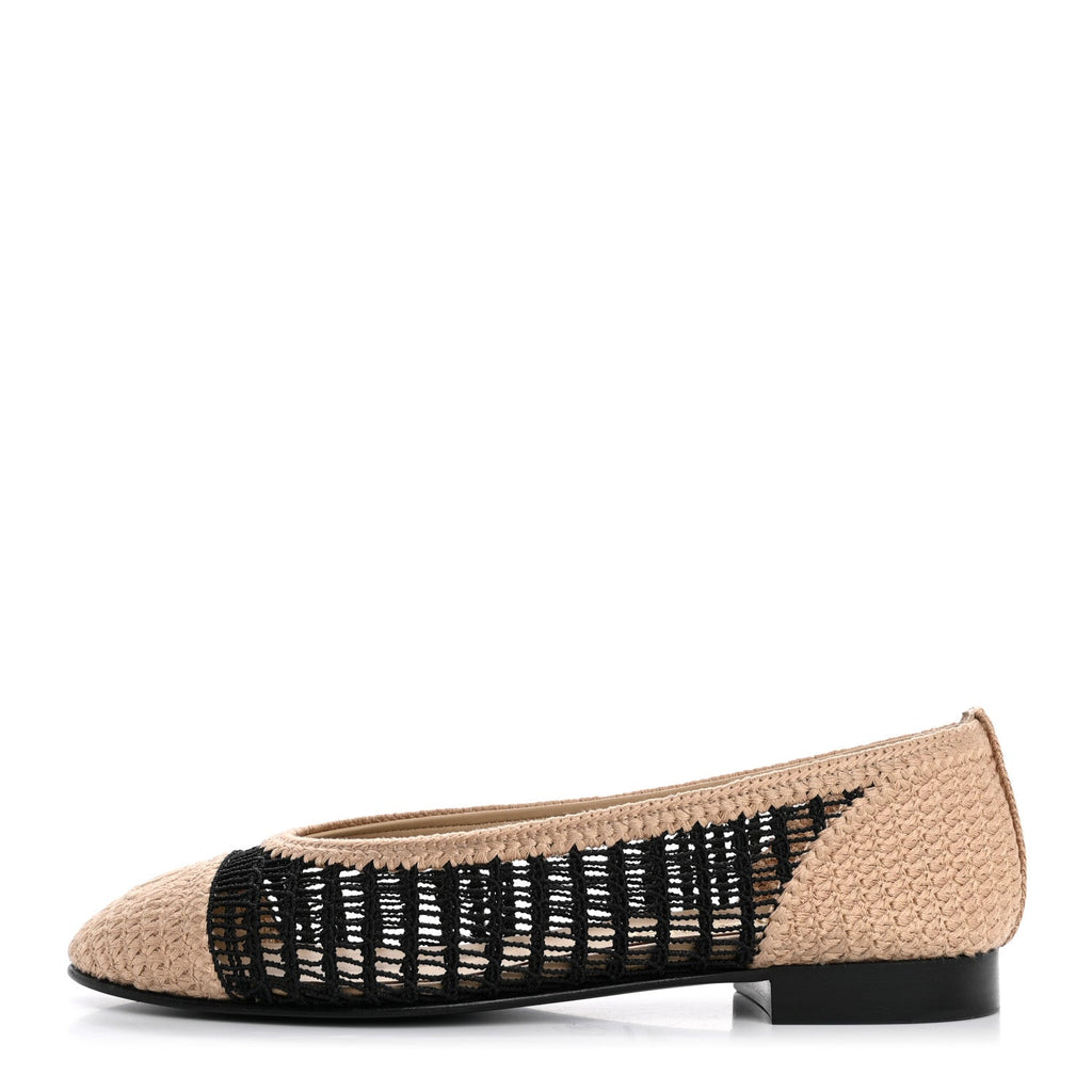 Raffia Cap Toe Ballerina Flats 36.5 Black Beige