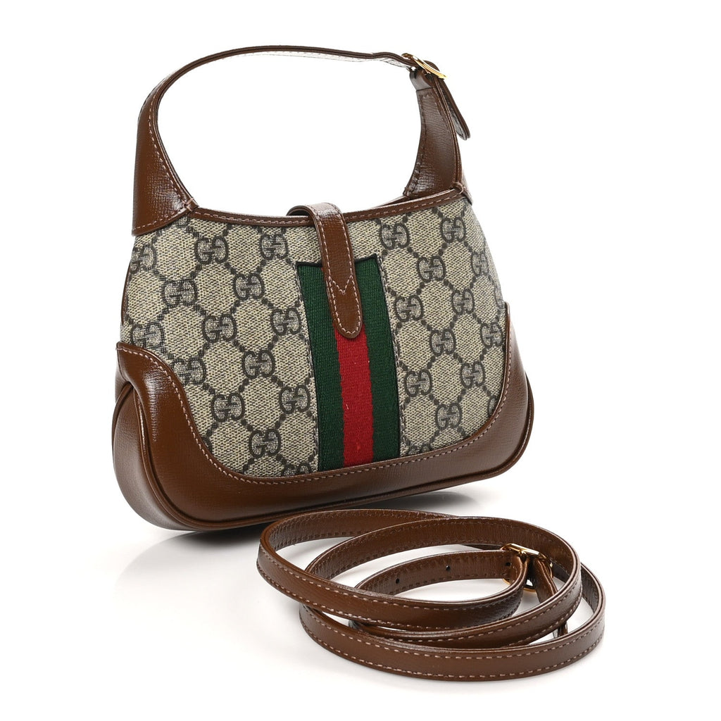 GG Supreme Monogram Azalea Calfskin Web Mini Jackie 1961 Hobo Beige Ebony Brown Sugar