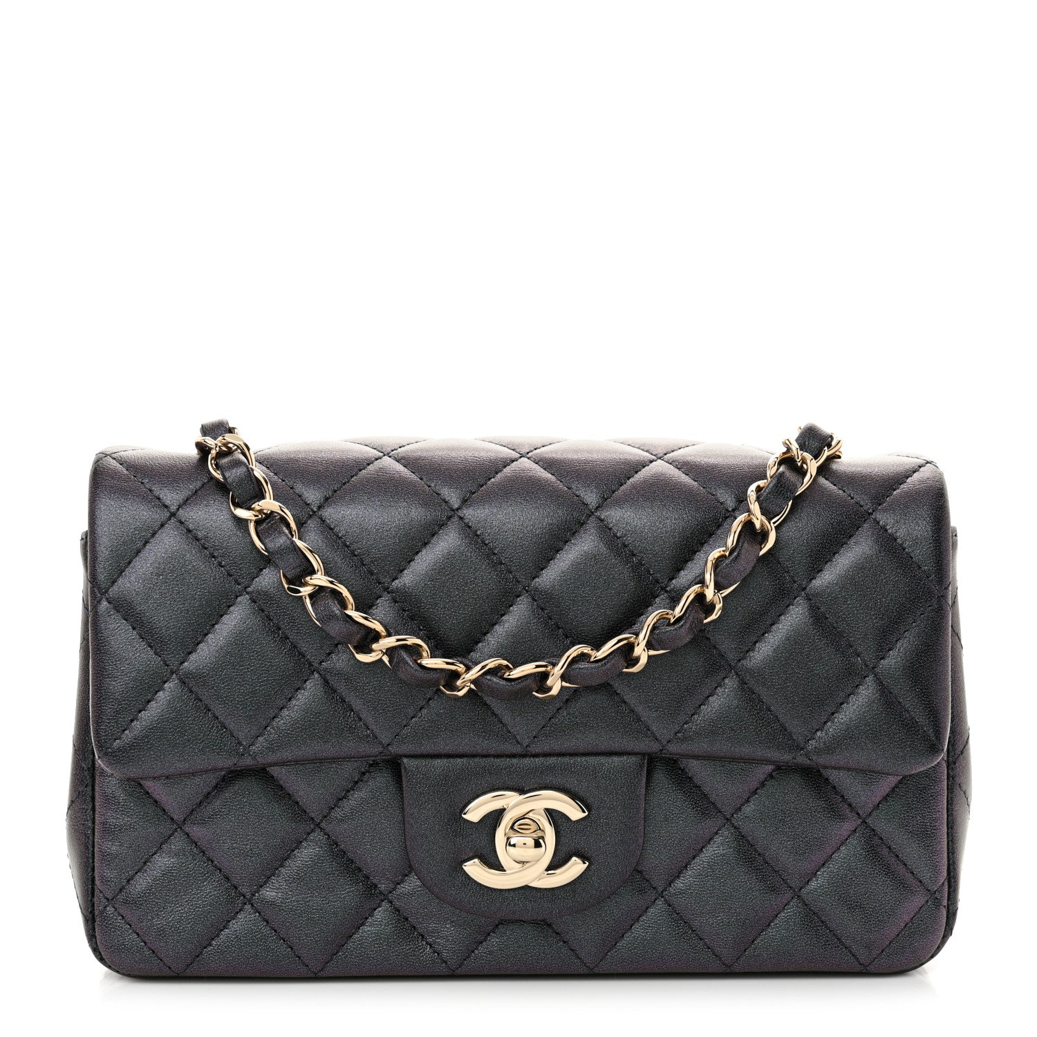 Iridescent Lambskin Quilted Mini Rectangular Flap Black