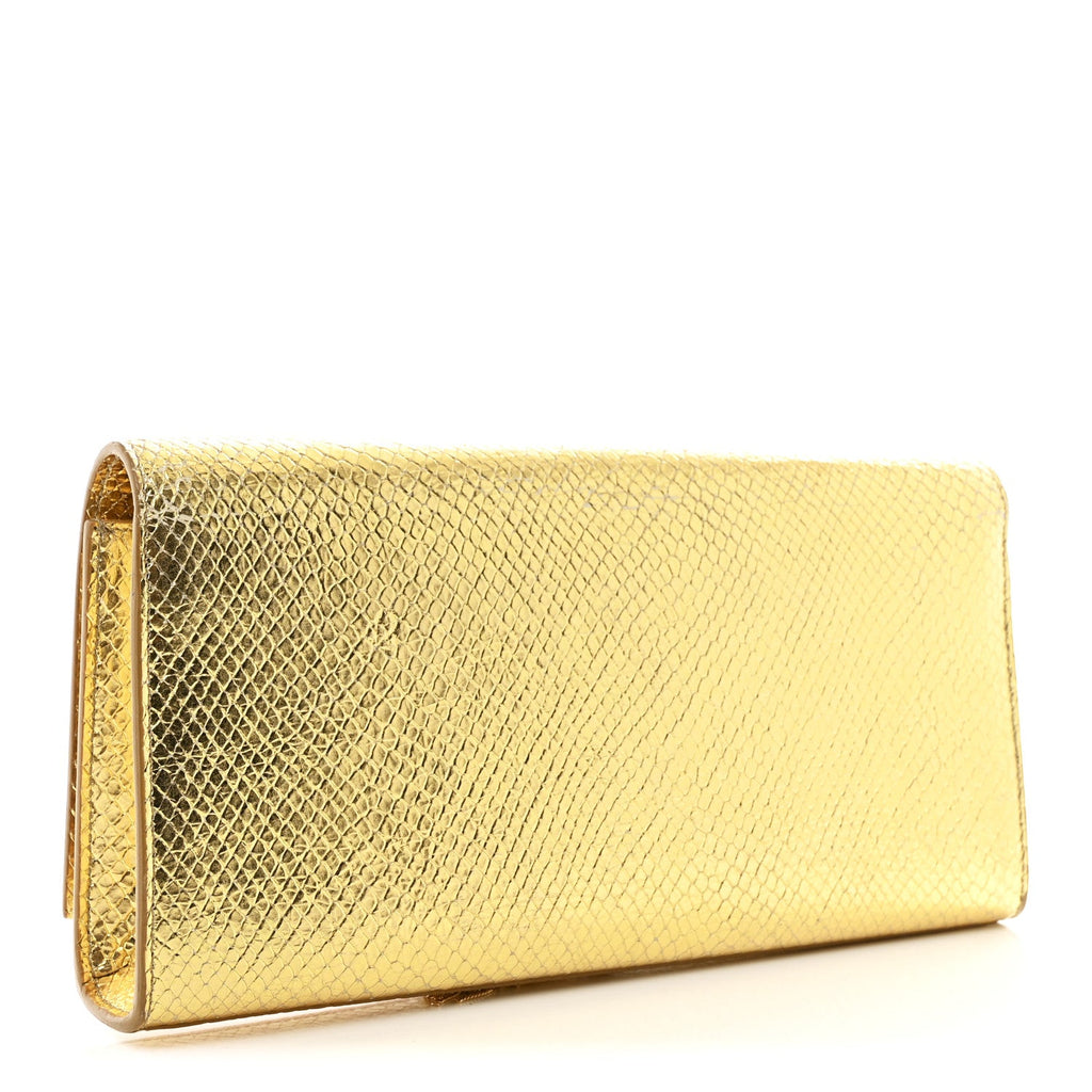 Metallic Calfskin Snakeskin Embossed Classic Monogram Tassel Clutch Gold