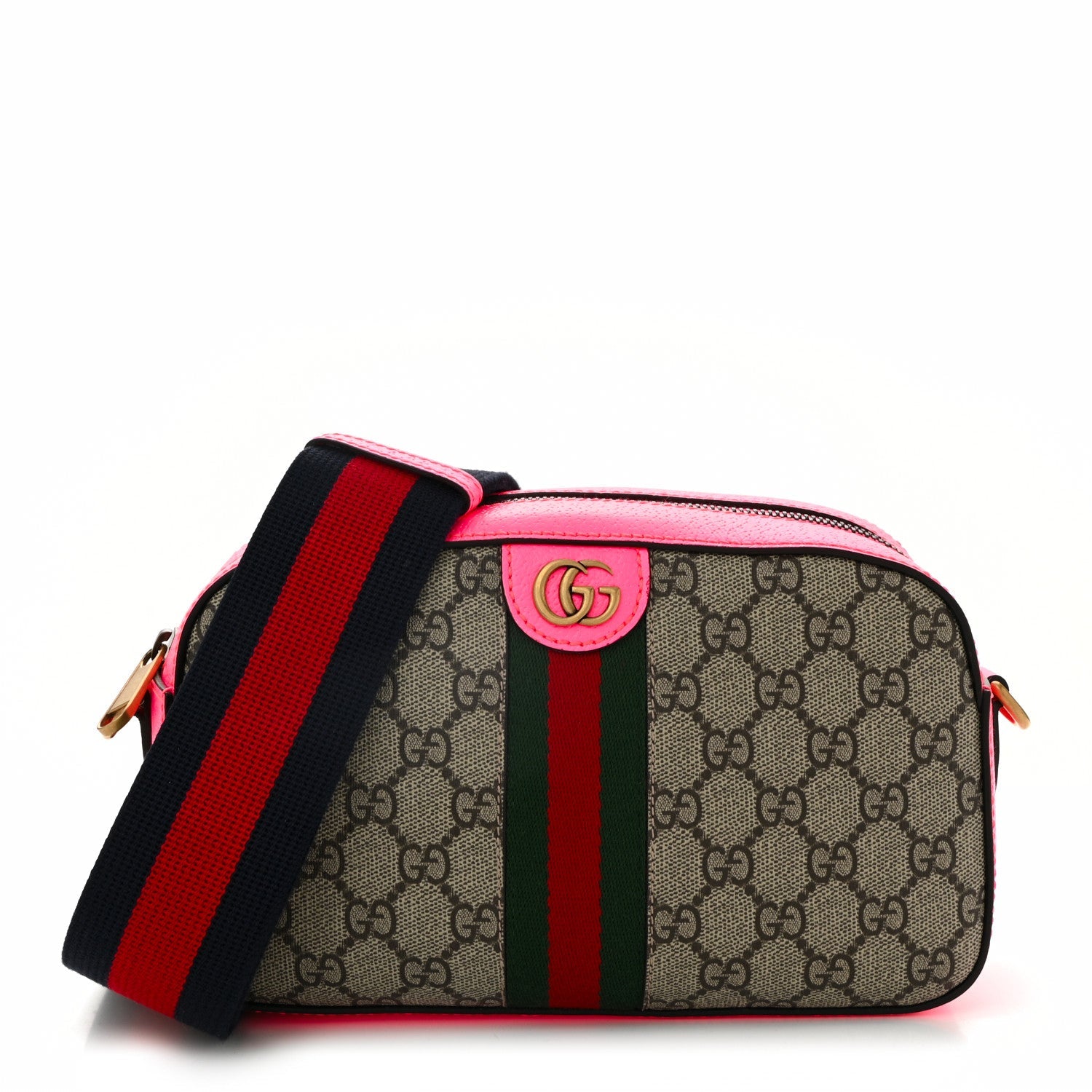 GG Supreme Monogram Textured Dollar Calfskin Web Ophidia Small Crossbody Bag Beige Ebony Fuchsia
