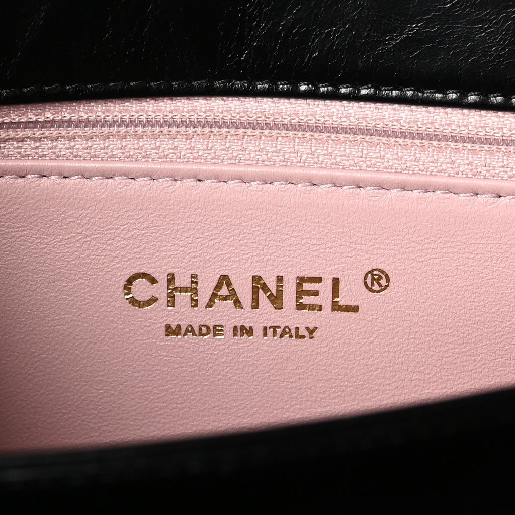 Aged Glazed Calfskin Quilted Straight Lined Flap Black