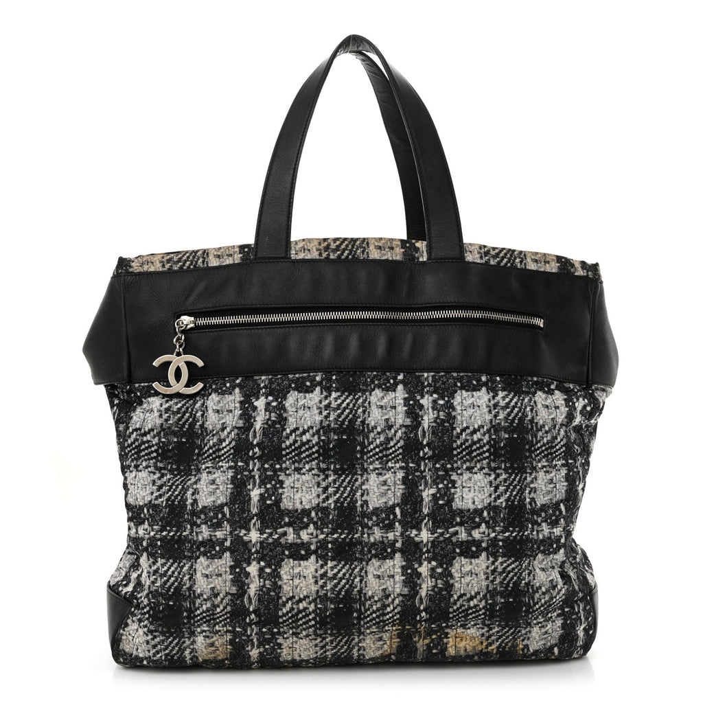 Lambskin Nylon Tweed Printed Tote Black White