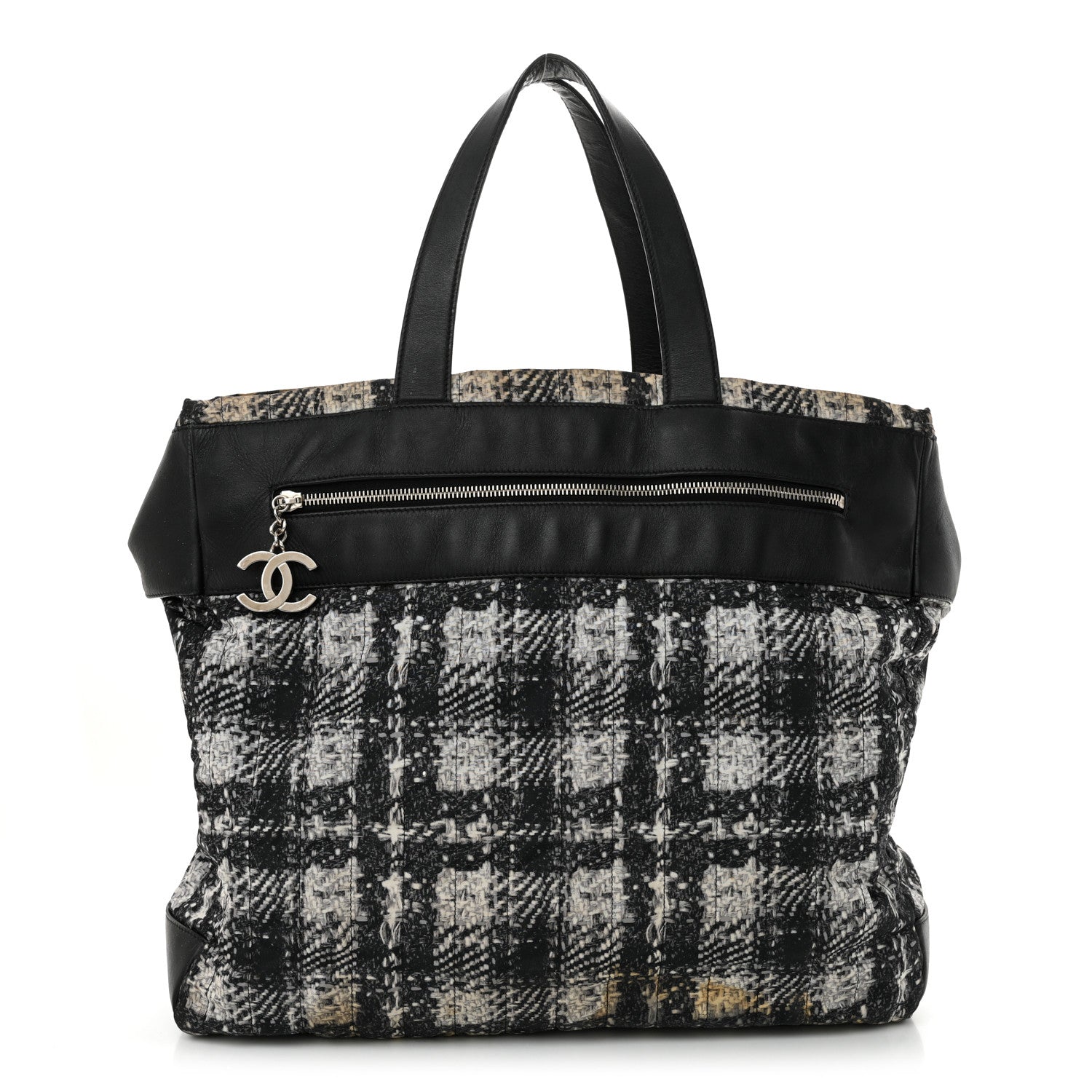 Lambskin Nylon Tweed Printed Tote Black White