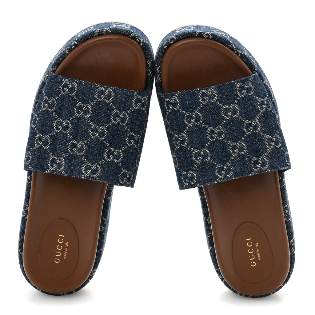 New Denim GG Monogram Angelina Platform 55mm Slide Sandals 41 Blue Tea