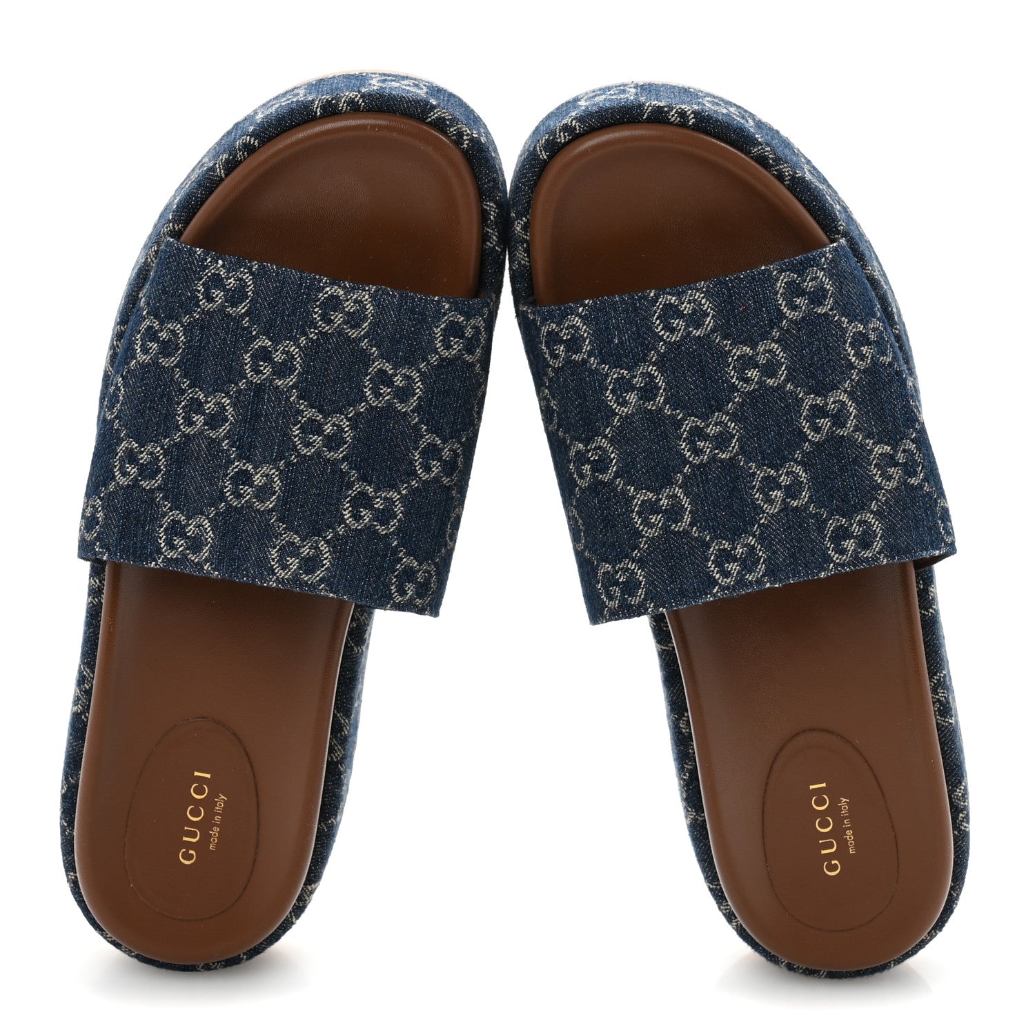 New Denim GG Monogram Angelina Platform 55mm Slide Sandals 41 Blue Tea
