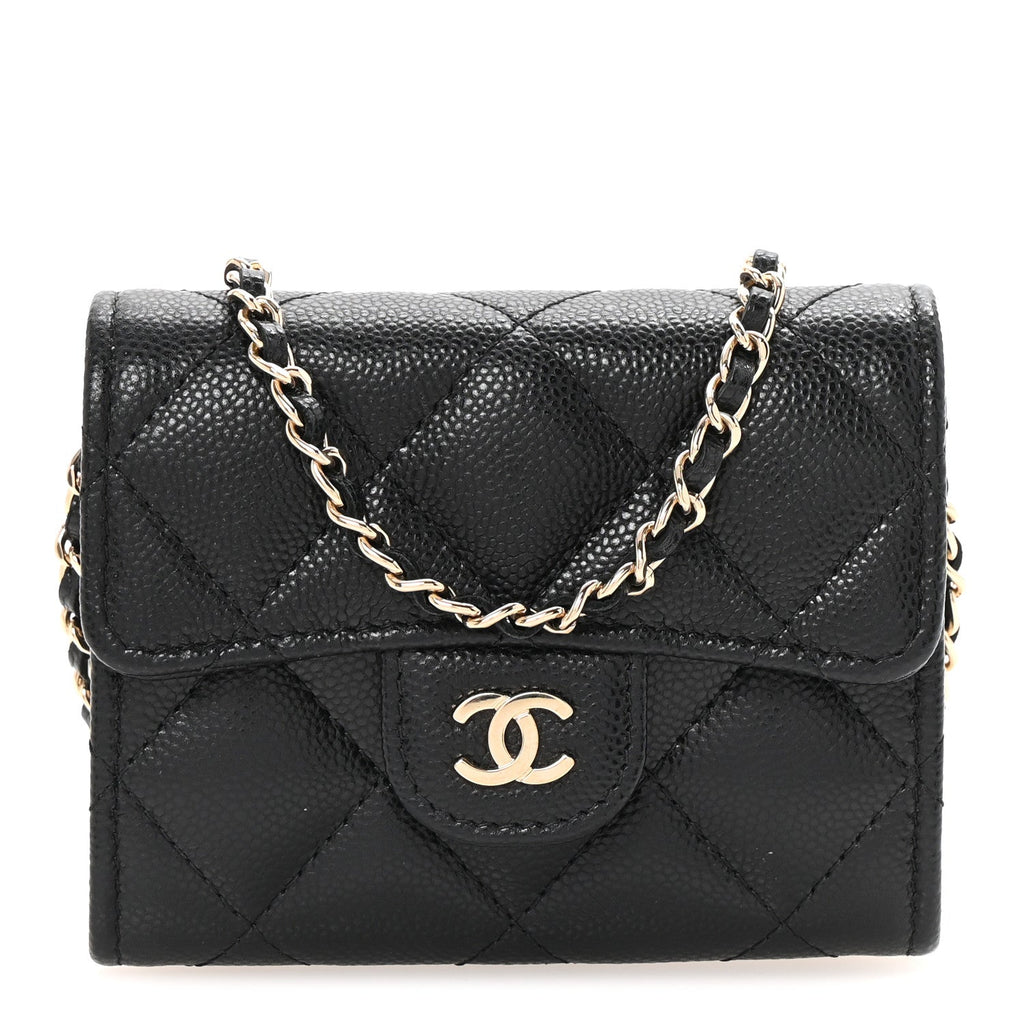 Caviar Quilted Flap  Holder On Chain Black