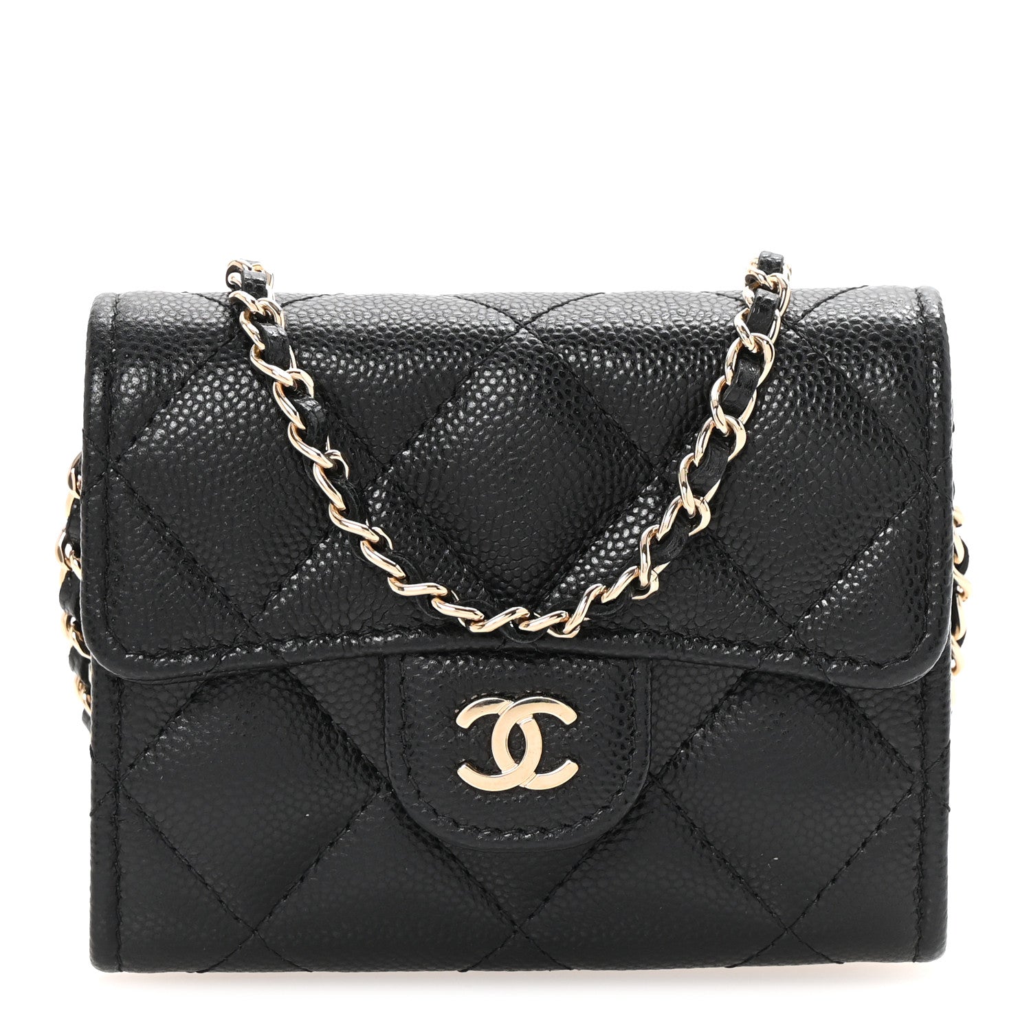 Caviar Quilted Flap  Holder On Chain Black