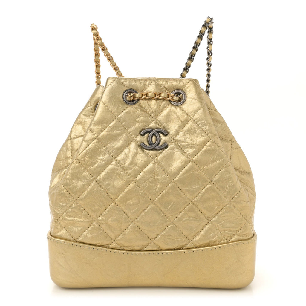 Metallic Lambskin Small Quilted Gabrielle Backpack Gold