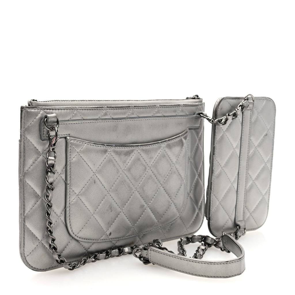 Metallic Lambskin Quilted Clutch With Chain Silver