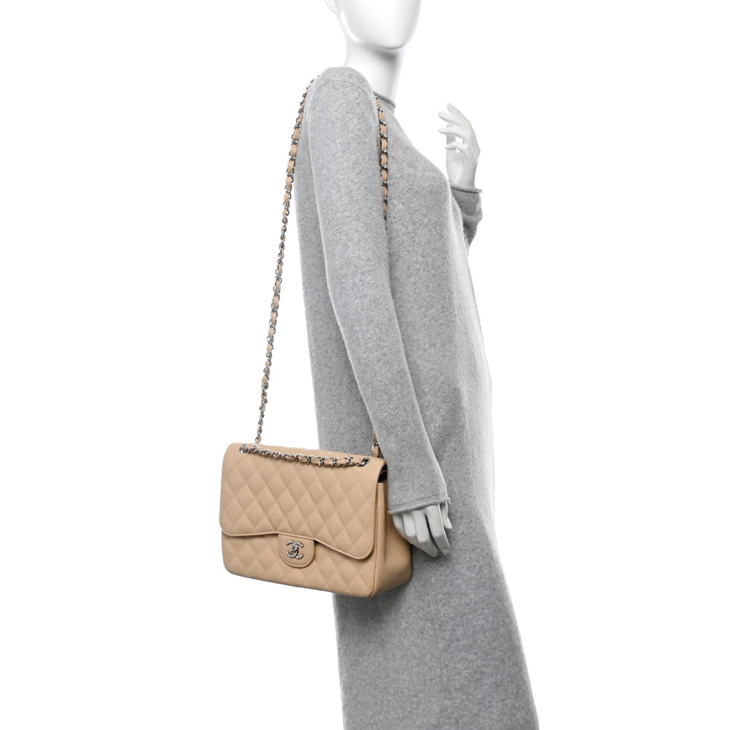 Caviar Quilted Jumbo Double Flap Light Beige