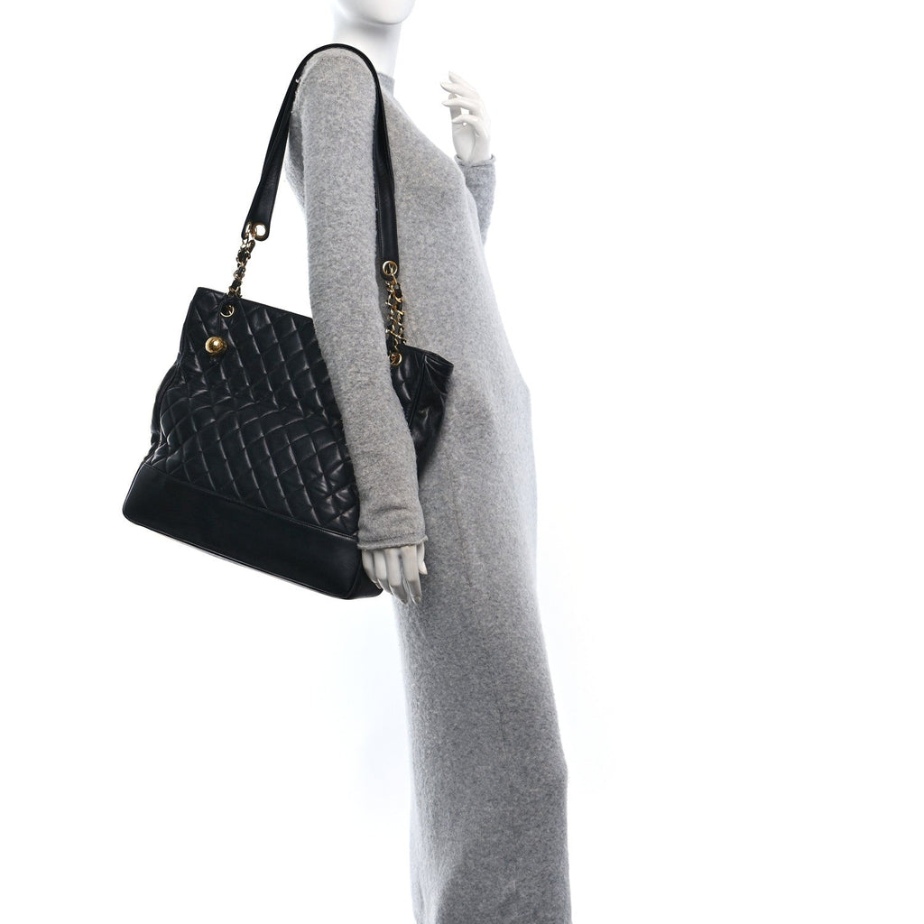 Lambskin Quilted Shopping Tote Black