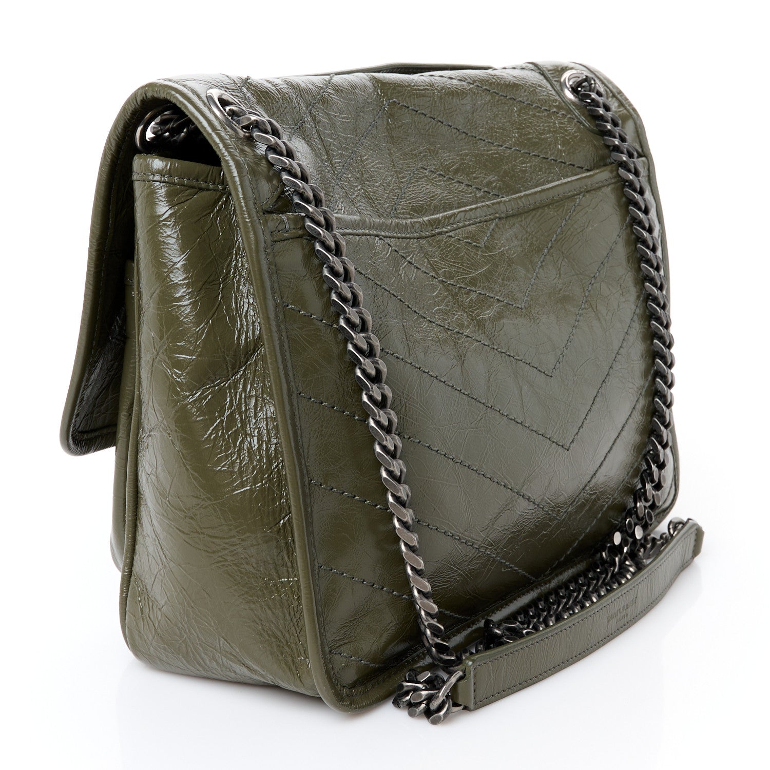 Crinkled Lambskin Matelasse Monogram Medium Niki Chain Satchel Military Olive