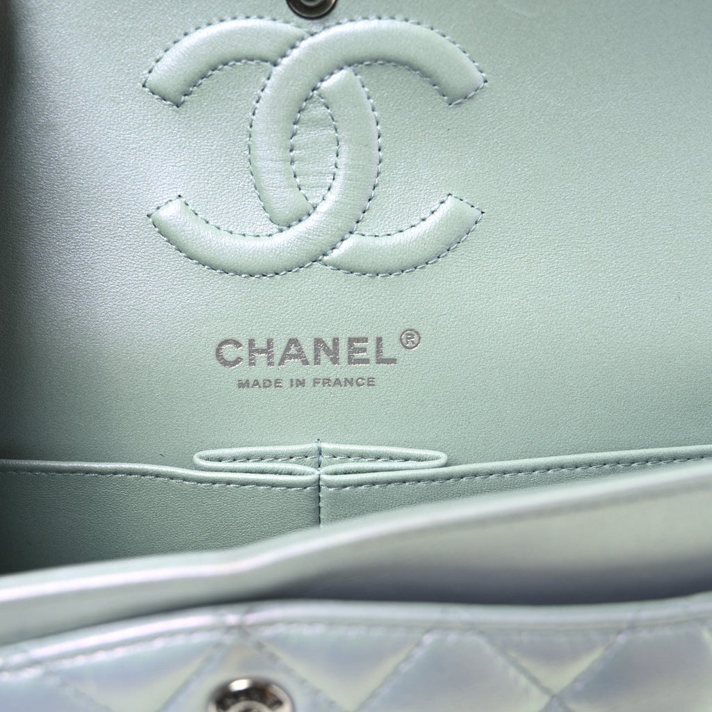 Iridescent Calfskin Quilted Small Double Flap Green
