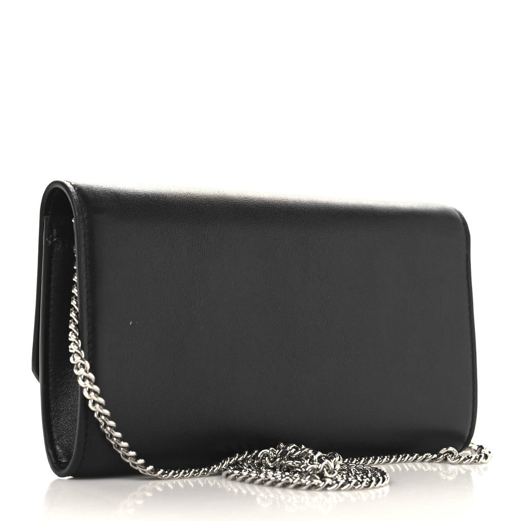 Smooth Calfskin Crystal Embellished Chain Wallet Black