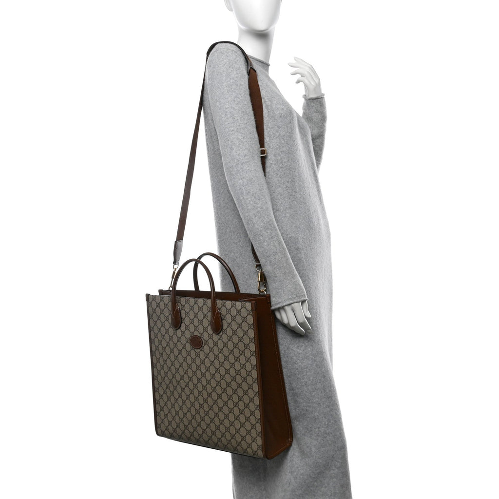 GG Supreme Monogram Textured Dollar Calfskin Web Medium Retro Interlocking G Vertical Tote Bag Beige Ebony Brown Sugar