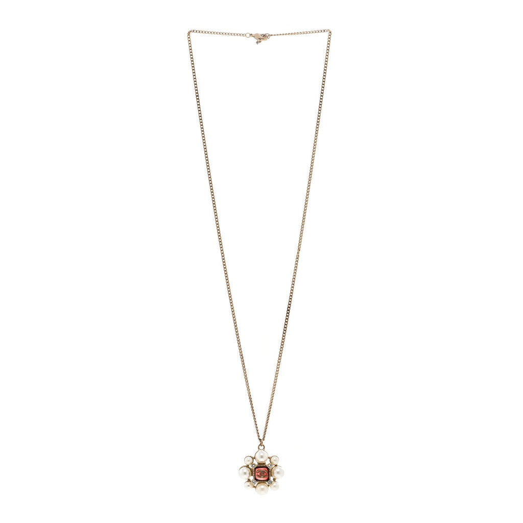 Gripoix Pearl Crystal CC Pendant Necklace Red Gold