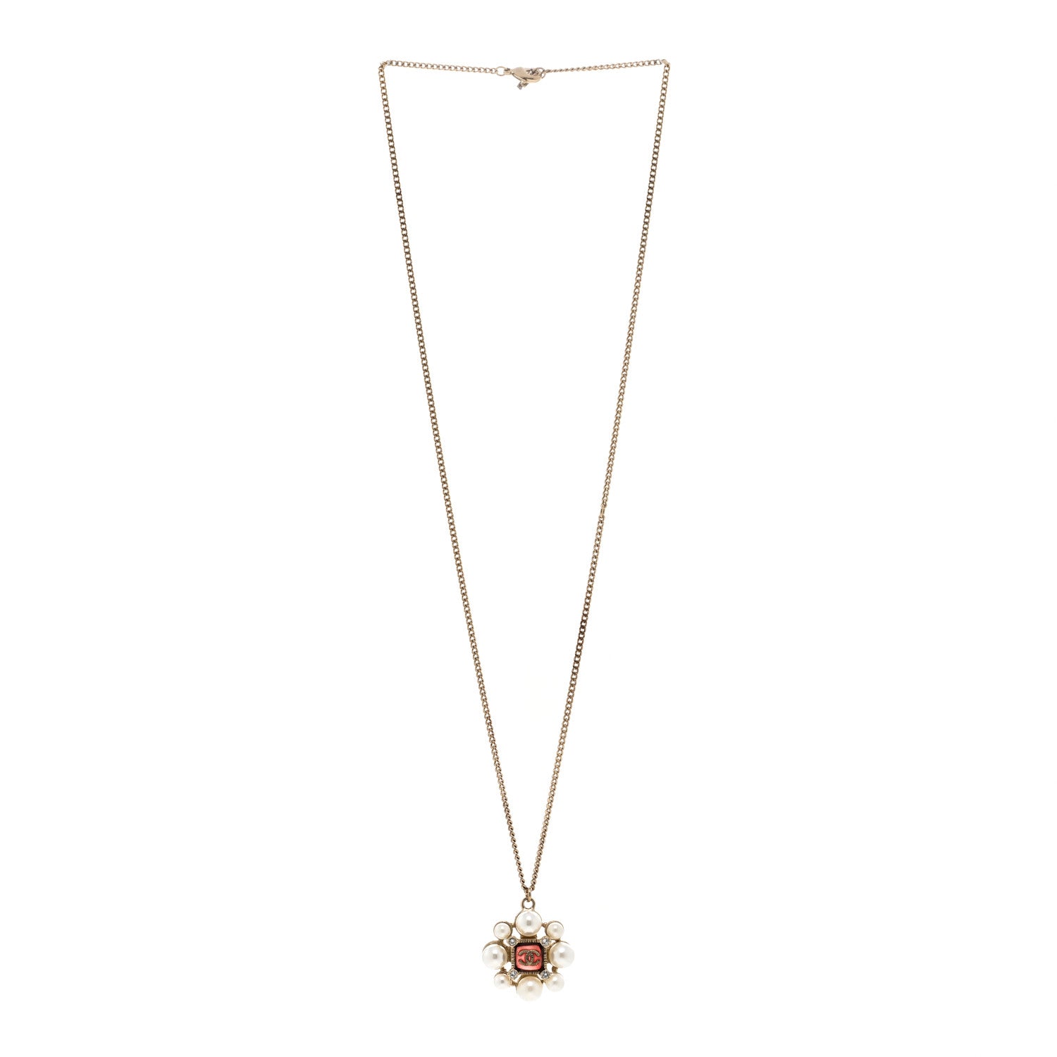 Gripoix Pearl Crystal CC Pendant Necklace Red Gold