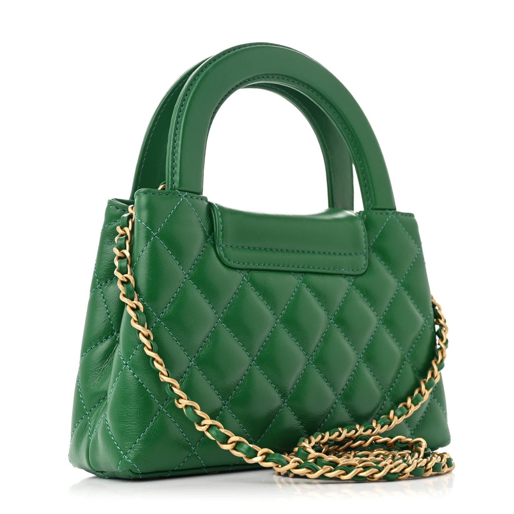 Shiny Aged Calfskin Quilted Nano Kelly Shopper Green