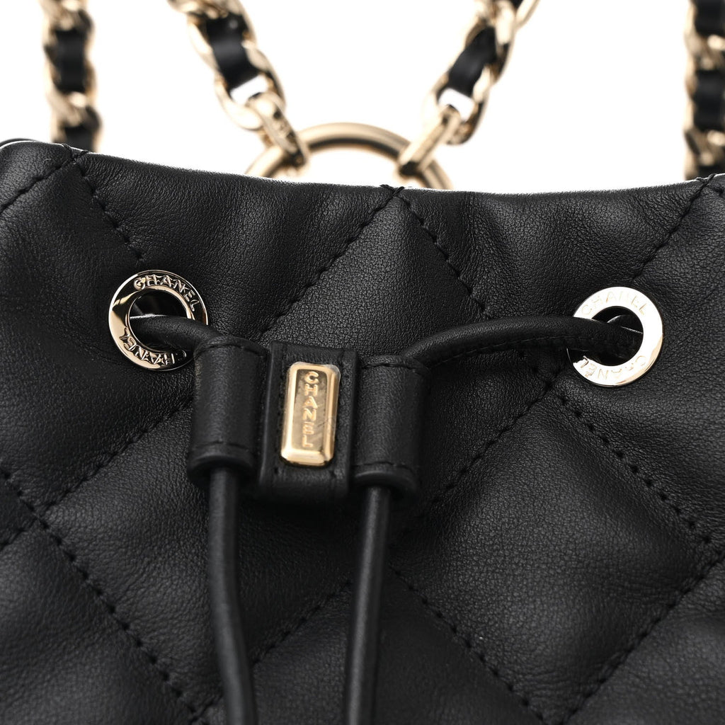 Lambskin Quilted Double Pocket Drawstring Backpack Black
