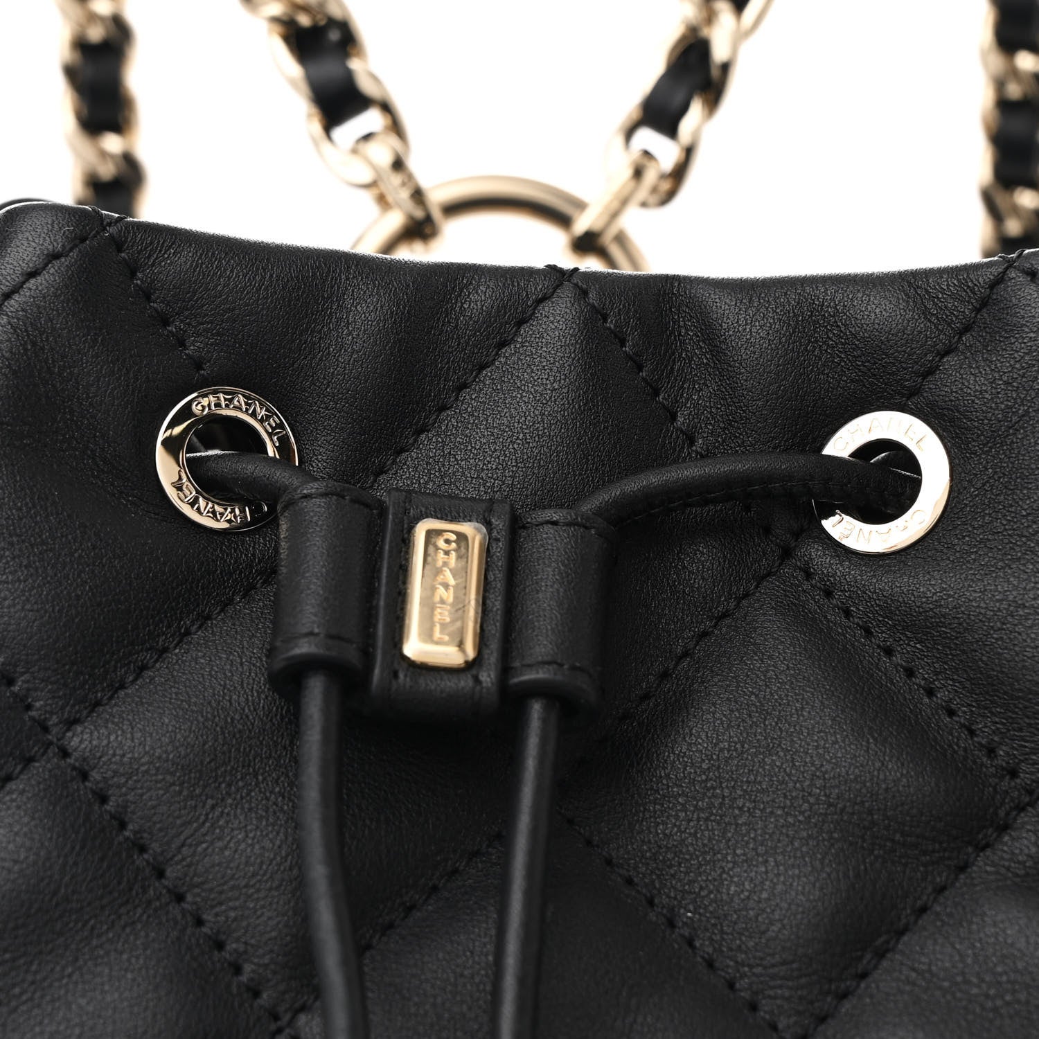 Lambskin Quilted Double Pocket Drawstring Backpack Black