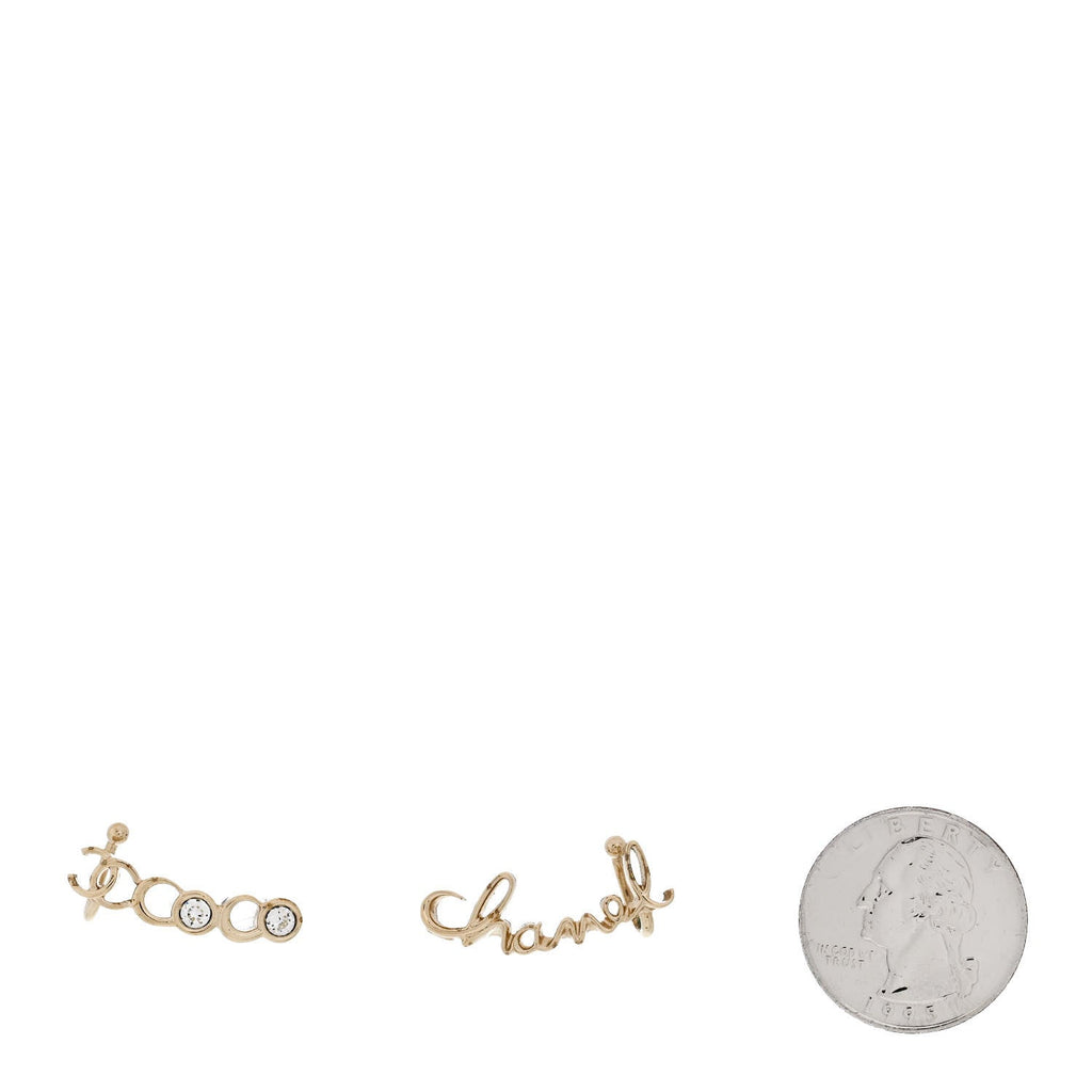 Metal Crystal Coco Script CC Climber Earrings Gold