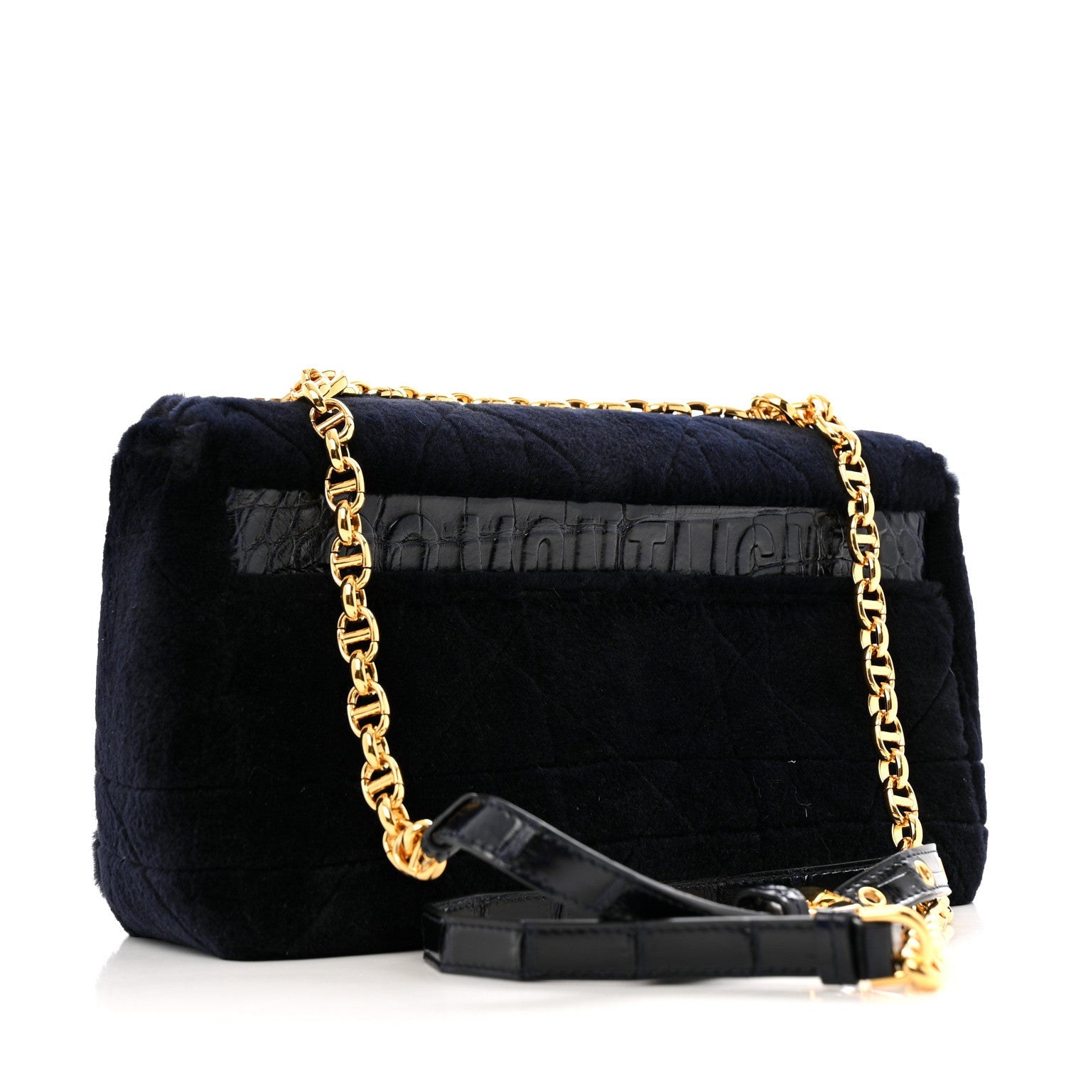 Rabbit Fur Alligator Crystal Cannage Medium Caro Bag Navy