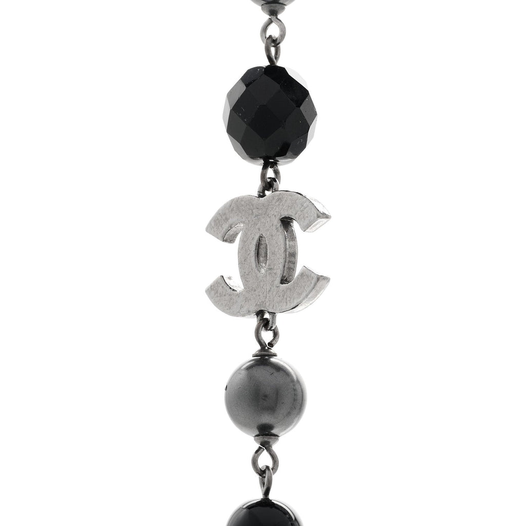 Ruthenium Pearl Beaded CC Long Necklace Black