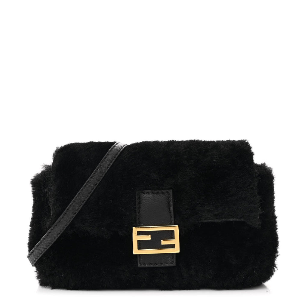 Shearling Shiny Nappa Micro Baguette Black