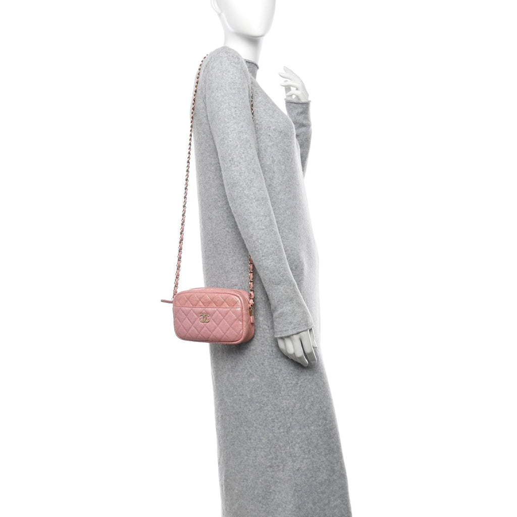 Iridescent Caviar Quilted Small Timeless Camera Case Pink