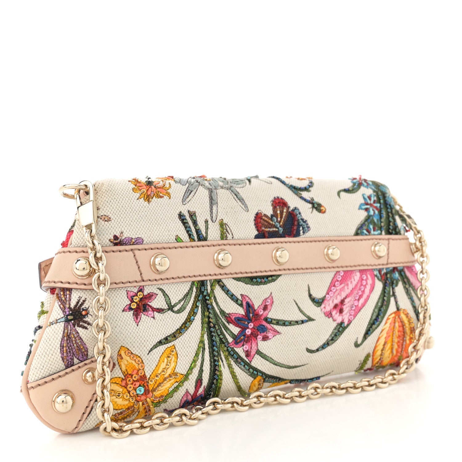 Canvas Flora Floral Beaded Small Horsebit Chain Clutch White Multicolor