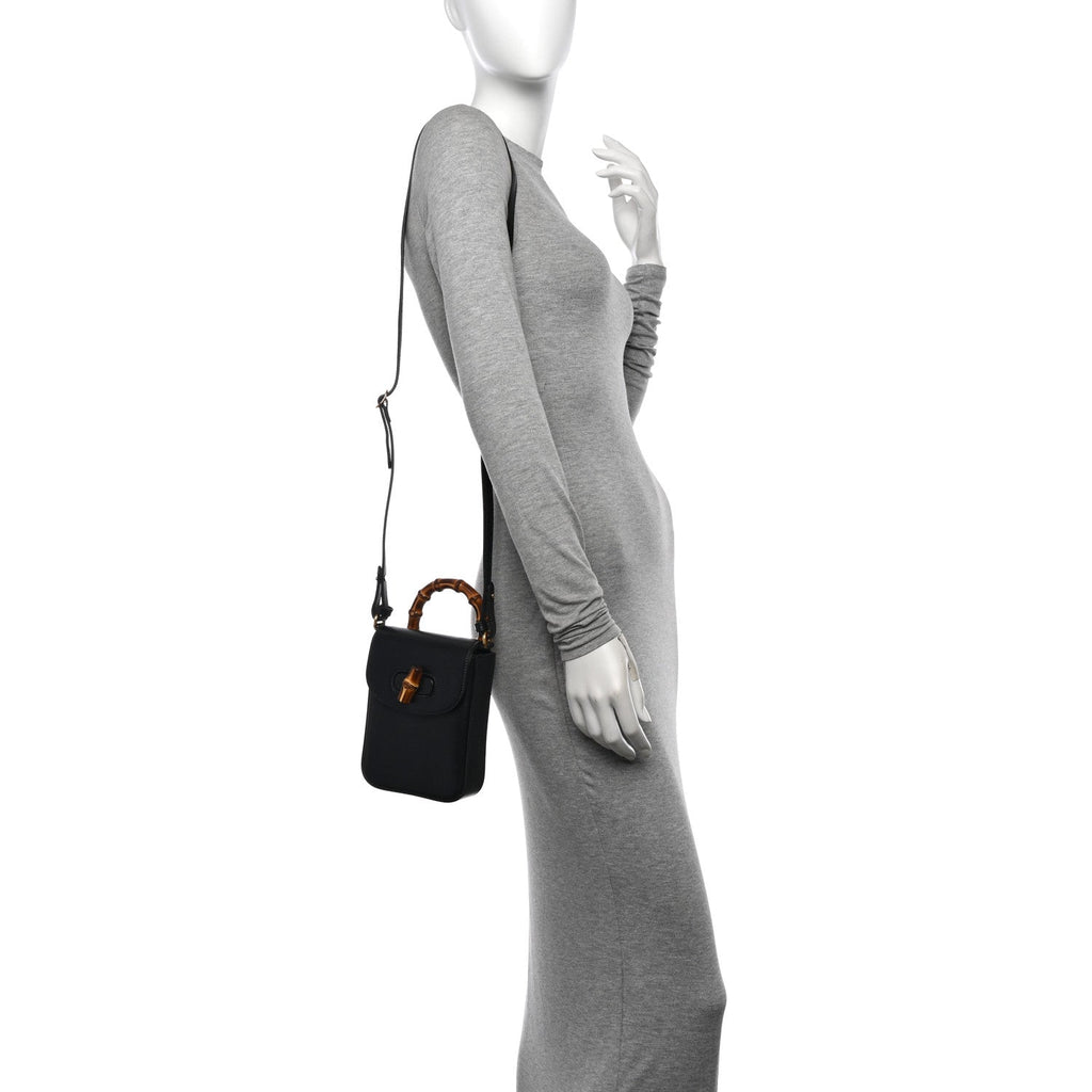 Calfskin Mini Bamboo Top Handle 3 Way Shoulder Bag  Black