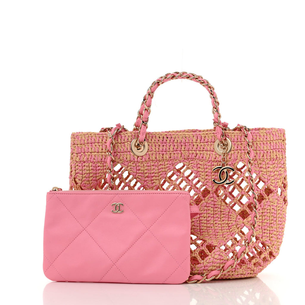 Raffia Effect Braided Small Shopping Bag Beige Pink