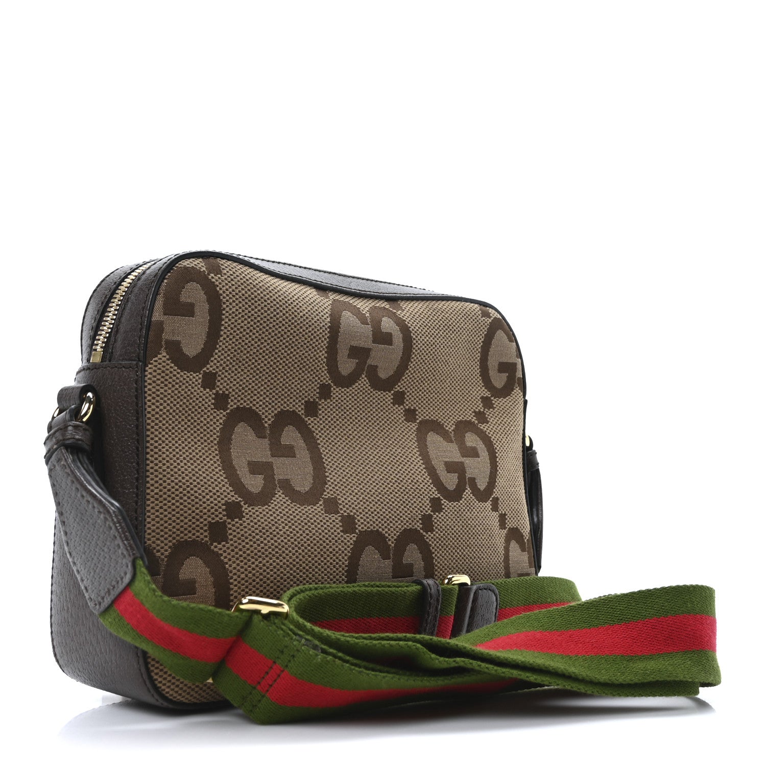 Monogram Jumbo GG Textured Dollar Calfskin Web Messenger Shoulder Bag Camel Ebony New Acero