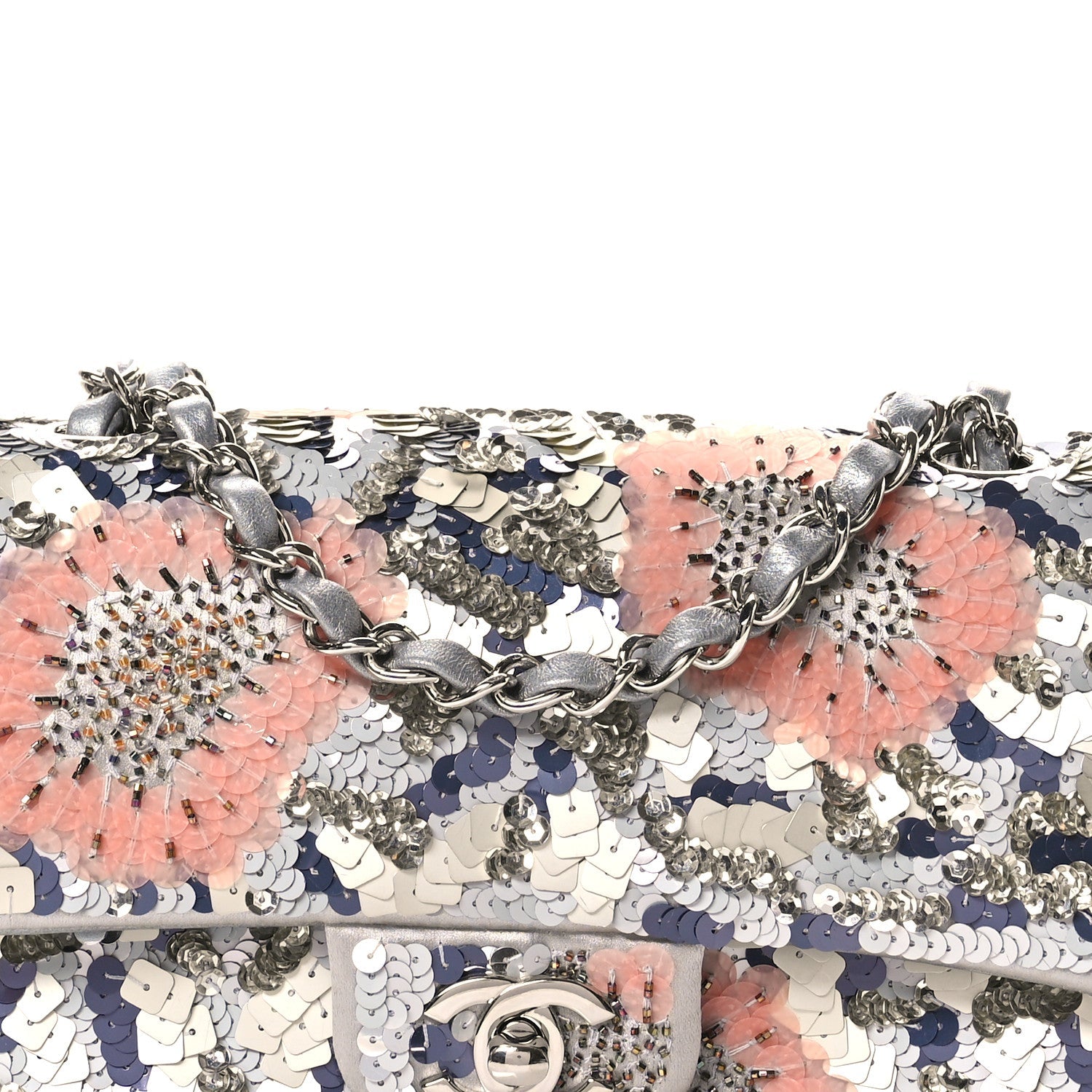 Satin Sequin Embellished Flower Mini Rectangular Flap Argent Multicolor