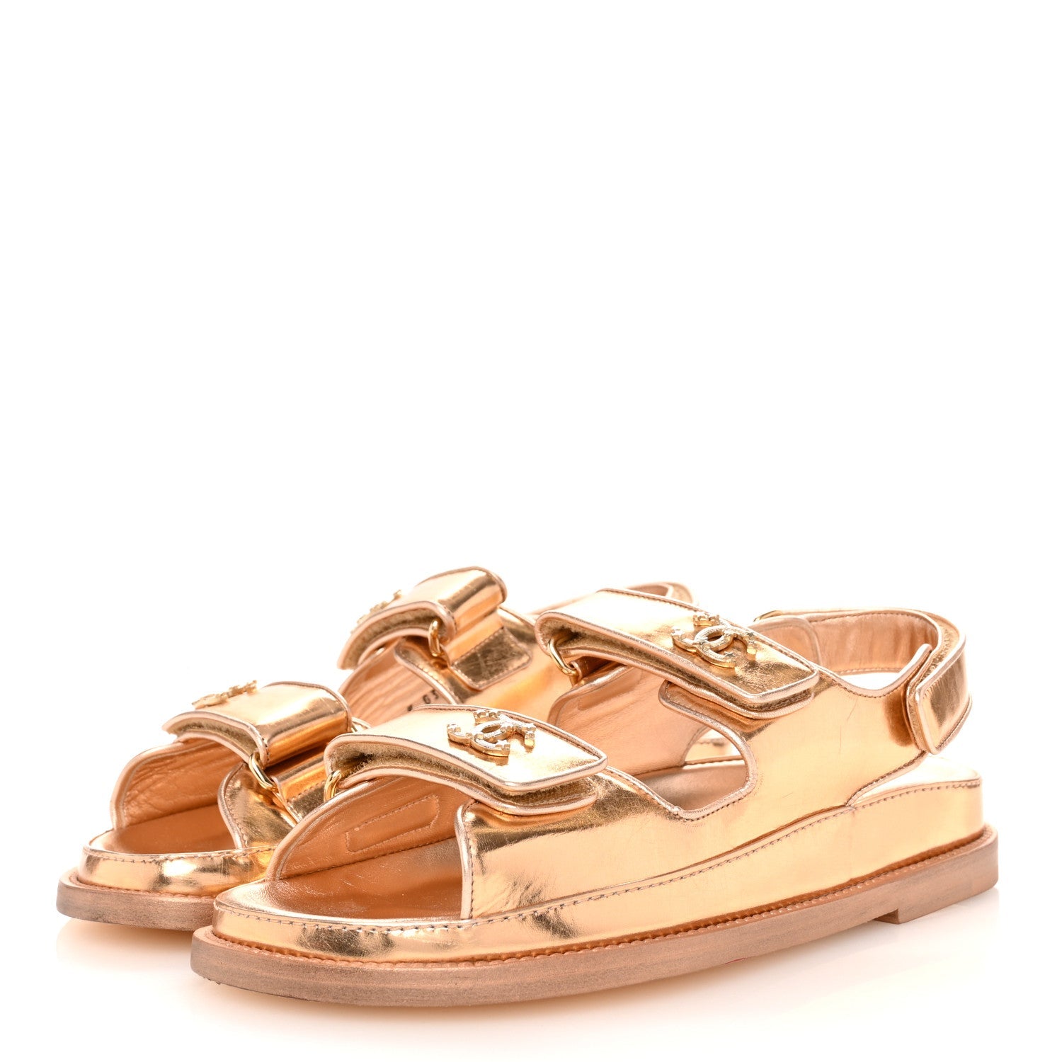 Metallic Laminated Calfskin Velcro Dad Sandals 36 Golden