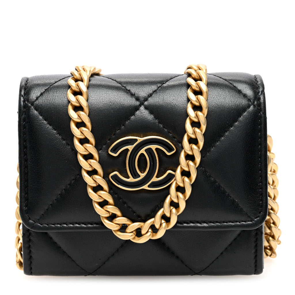 Lambskin Enamel Quilted Pending CC  Holder On Chain Black