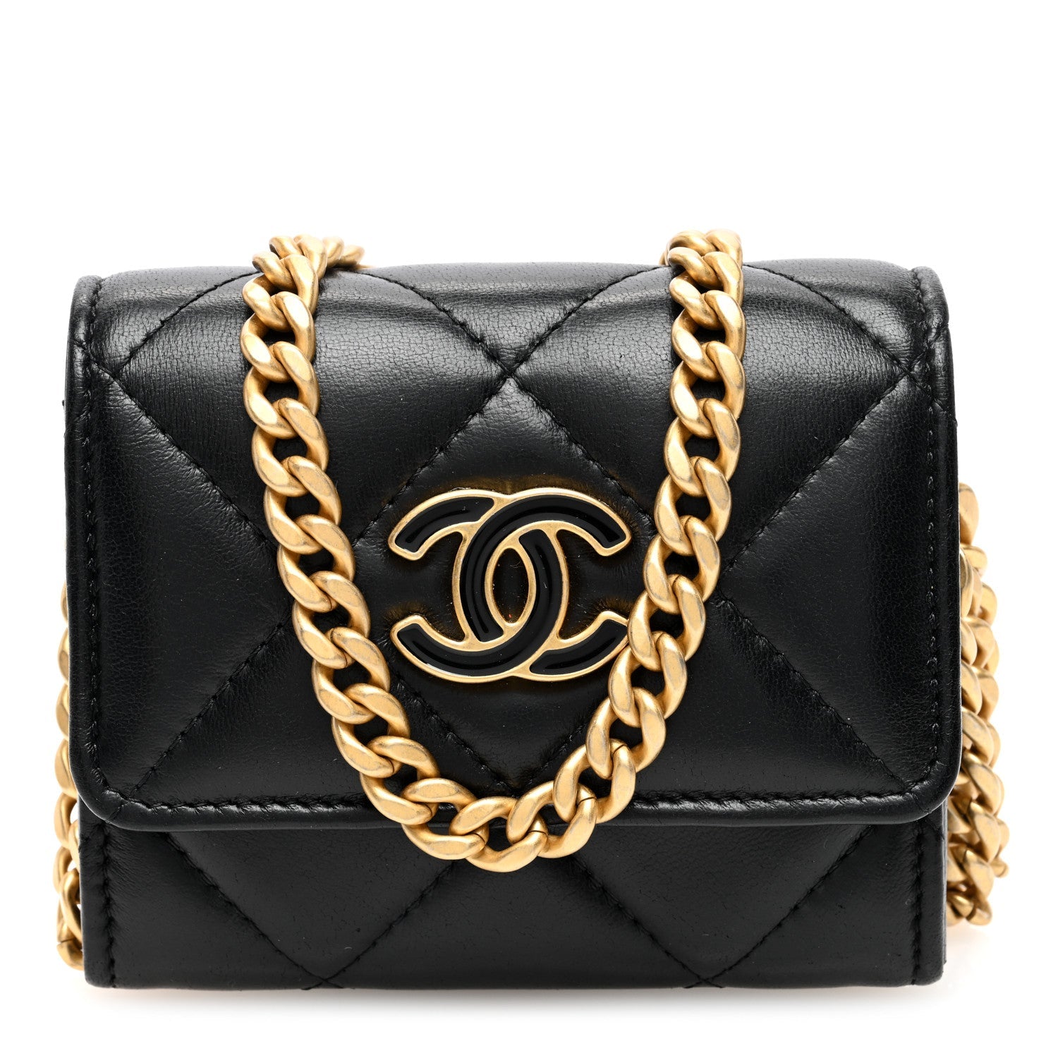 Lambskin Enamel Quilted Pending CC  Holder On Chain Black