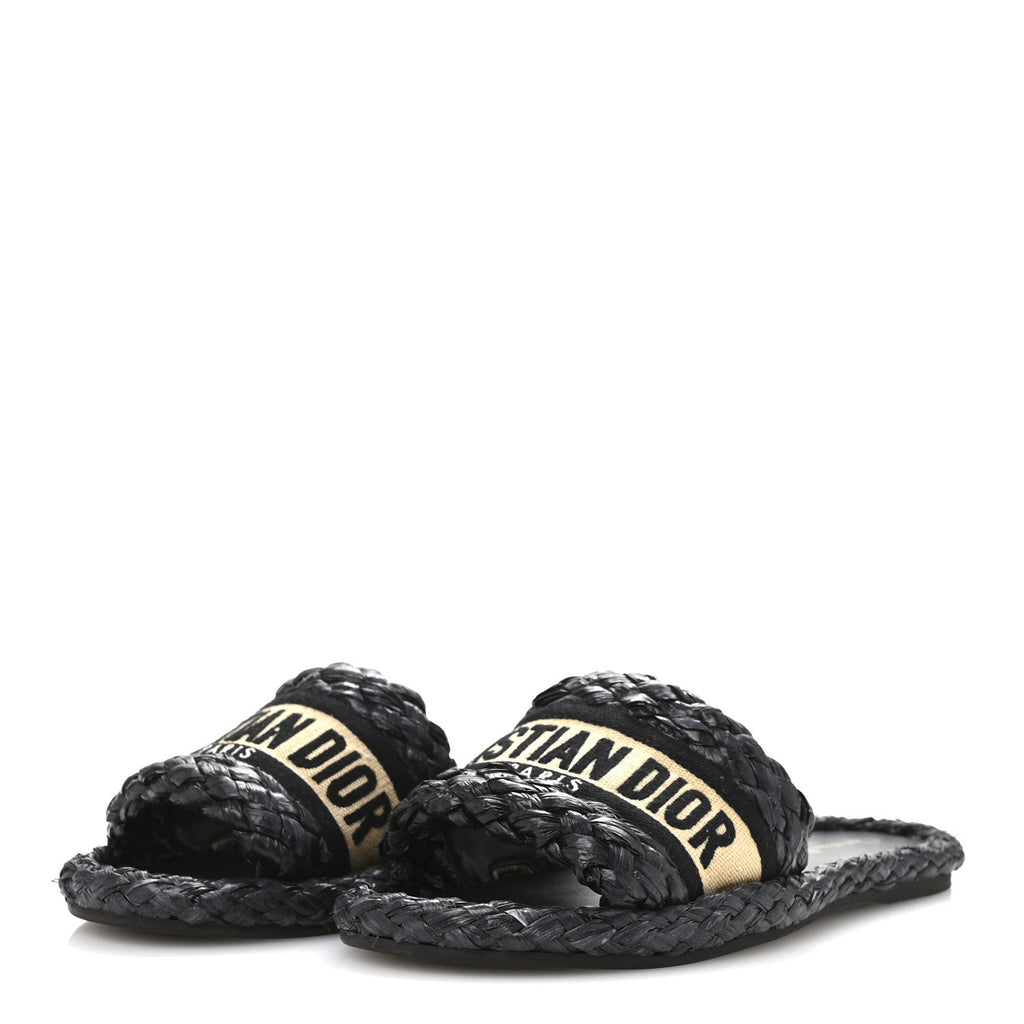 Raffia Embroidered Dway Mules Slide Sandals 37 Black