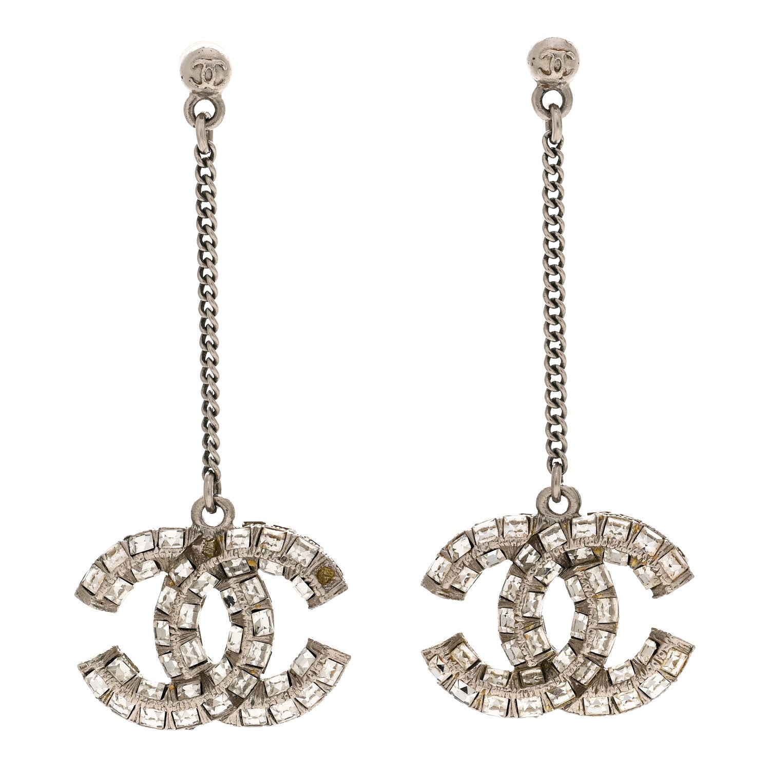 Baguette Crystal CC Drop Earrings Silver
