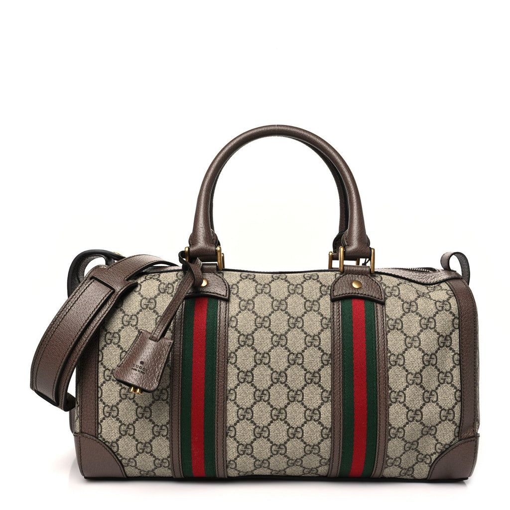GG Supreme Monogram Textured Dollar Calfskin Web Small Duffle Bag Beige Ebony