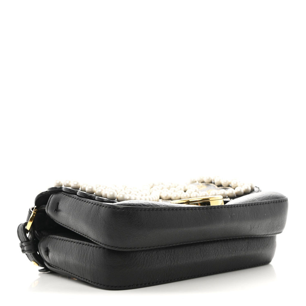 Vitello Dolce F is Fendi Flowers and Bows Scalloped Micro Double Baguette Black