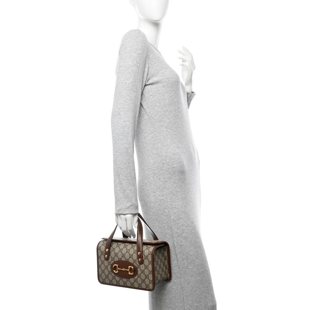 GG Supreme Monogram Azalea Calfskin Mini Horsebit 1955 Foldover Top Handle Bag Beige Ebony Brown Sugar