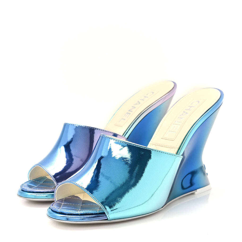Laminated Calfskin Wedge Mules 38 Blue Purple