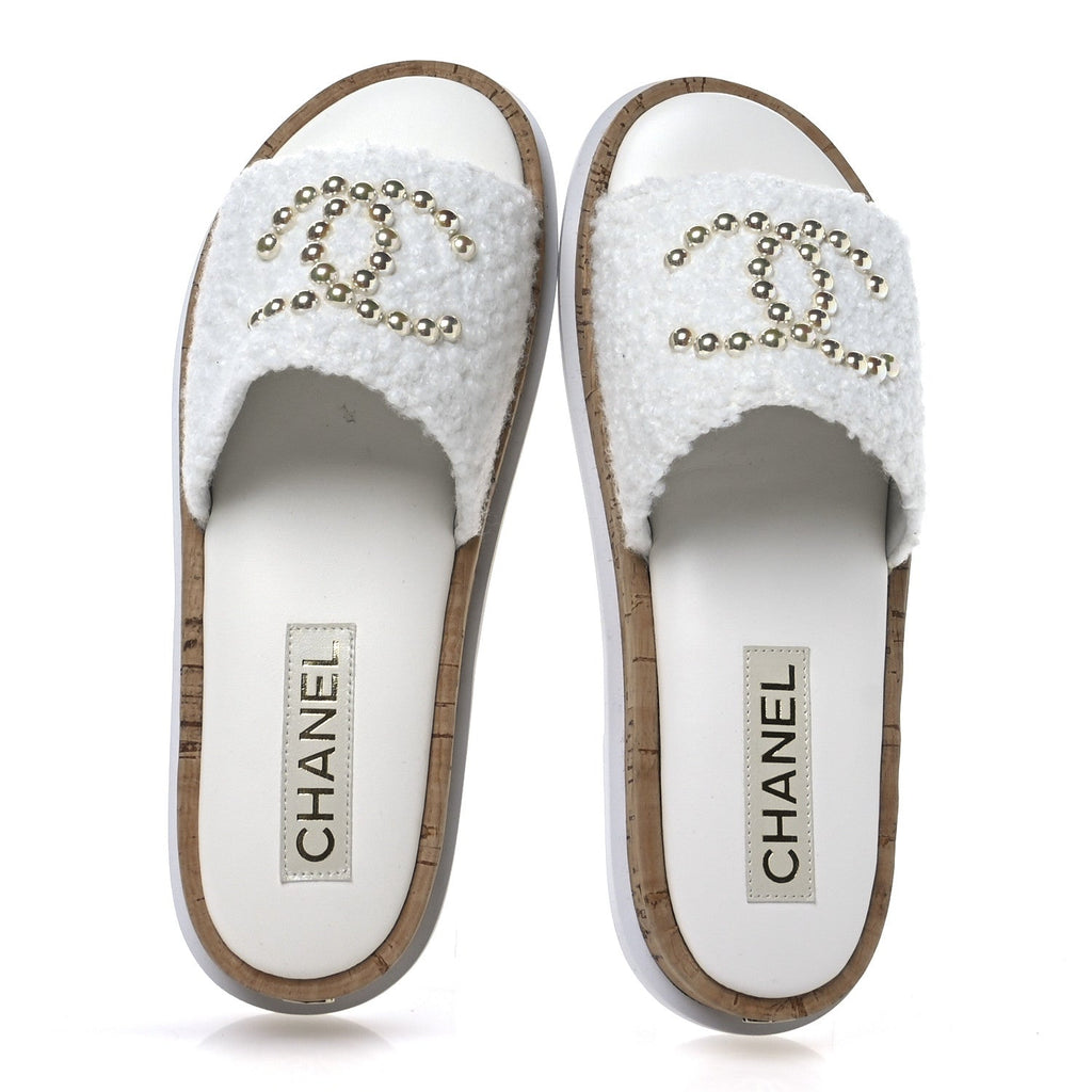 Fabric Pearl Cork CC Slip On Sandals 38 White