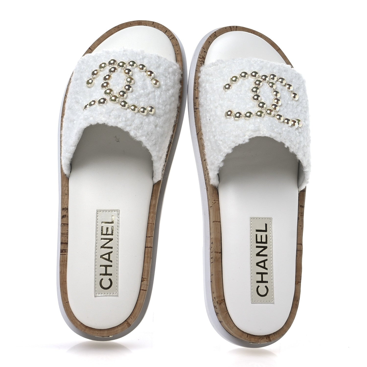 Fabric Pearl Cork CC Slip On Sandals 38 White